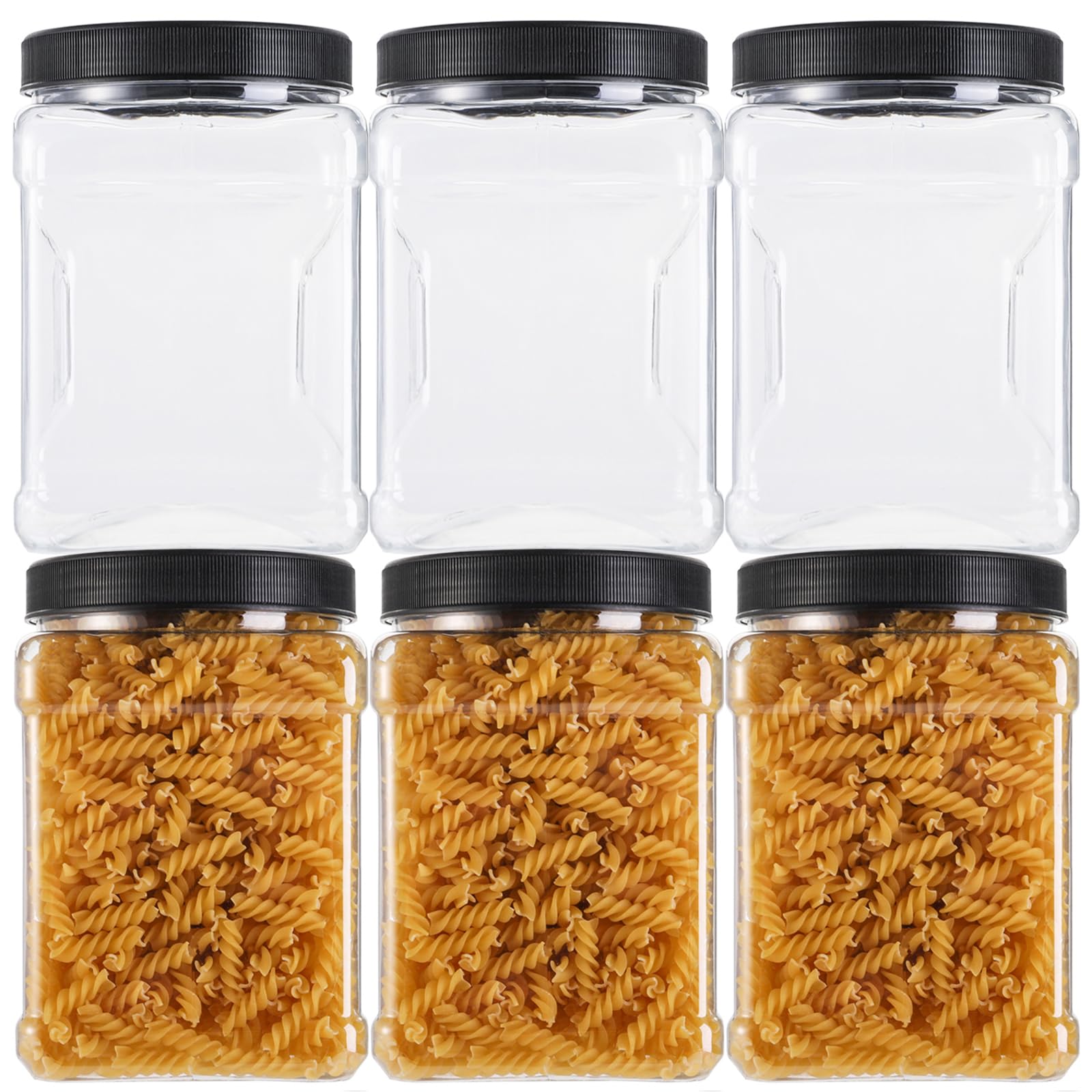 Lawei Square Plastic Jars with Lids - Clear Empty Storage Containers for Food Storage, Plastic Food Jars with Easy Grip Handles for Dry Goods Cookies Rice and More (6 Pack 60 Oz)