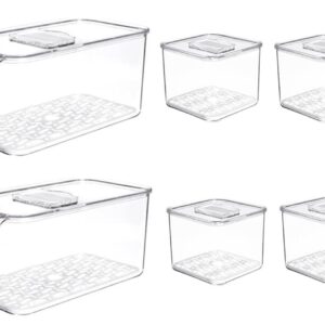 SANNO Produce Saver Containers for Refrigerator, Containers Produce Saver Produce - Stackable Refrigerator Kitchen Organizer Keeper Bin, with Removable Drain Tray,set of 6