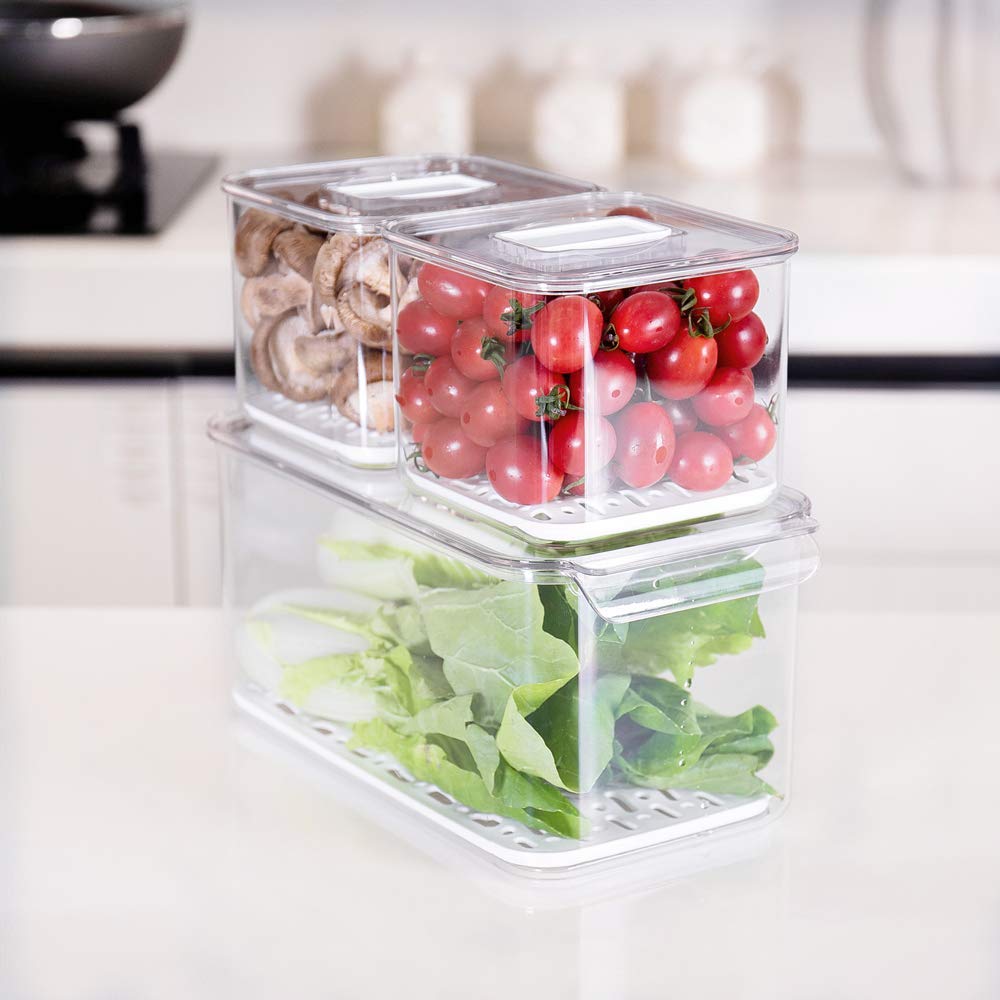 SANNO Produce Saver Containers for Refrigerator, Containers Produce Saver Produce - Stackable Refrigerator Kitchen Organizer Keeper Bin, with Removable Drain Tray,set of 6