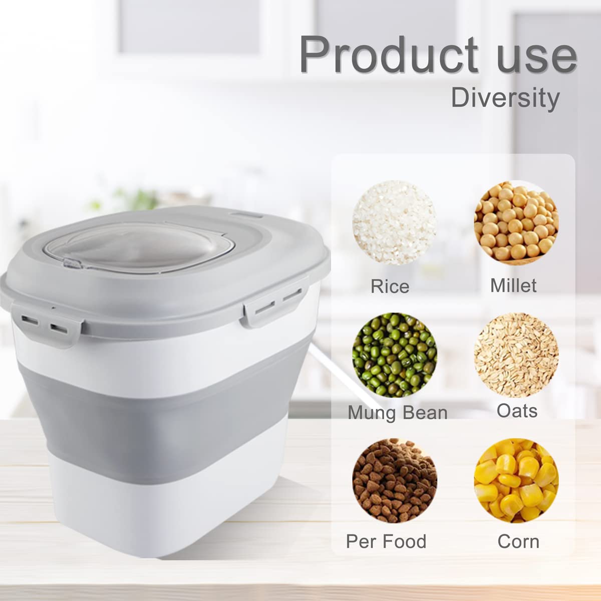 SUT Foldable Food Storage Container with Measuring Cup, Lid & Wheels, 15 Lbs Dog Cat Pet Food Storage Container, 30 Lbs Airtight Cereal Flour Rice Storage Container, Leakproof Sealable Dry Holder,Gray