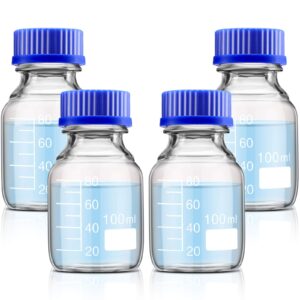 patelai 4 pieces round media storage bottles storage glass bottles borosilicate media glass bottles with gl45 blue screw cap for lab water reagent liquids (100 ml)