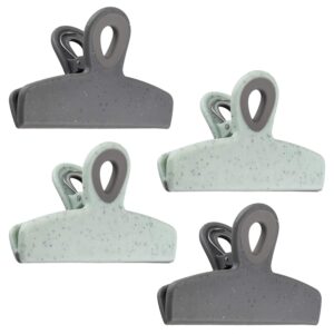 cook with color bag clips, 4 large heavy duty chip clips for food storage with air tight seal grip for snack bags and food bags, jumbo food clips (speckled gray & teal)