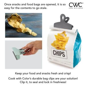 Cook with Color Bag Clips, 4 Large Heavy Duty Chip Clips for Food Storage with Air Tight Seal Grip for Snack Bags and Food Bags, Jumbo Food Clips (Speckled Gray & Teal)