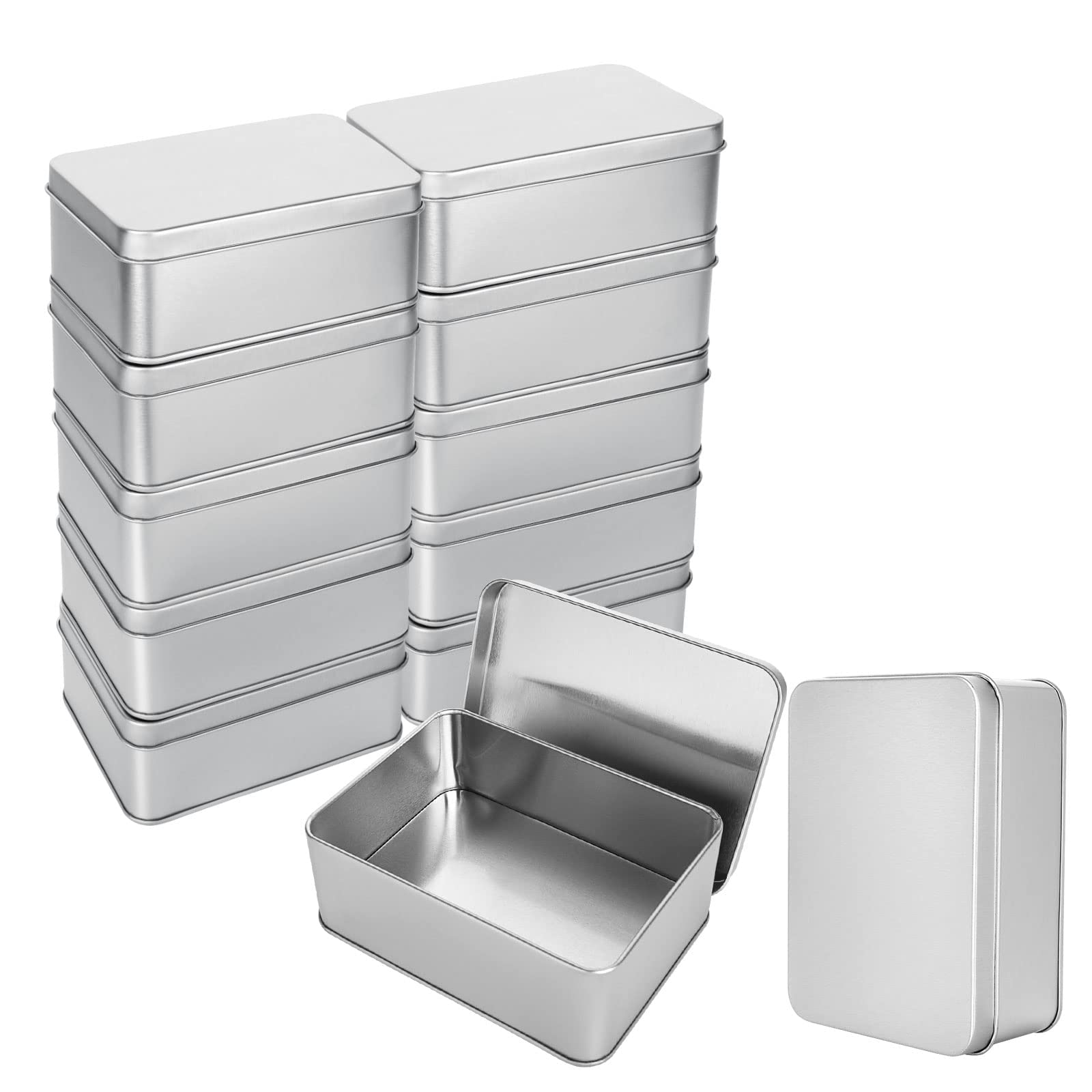 RHBLME 12 Pack Silver Metal Rectangular Tin Box Lids, 4.9" x 3.6" x 1.8" Large Containers Cookie Tins with Lids, Holder for Keeping Car Keys, Cookie, Pencil Case, and More