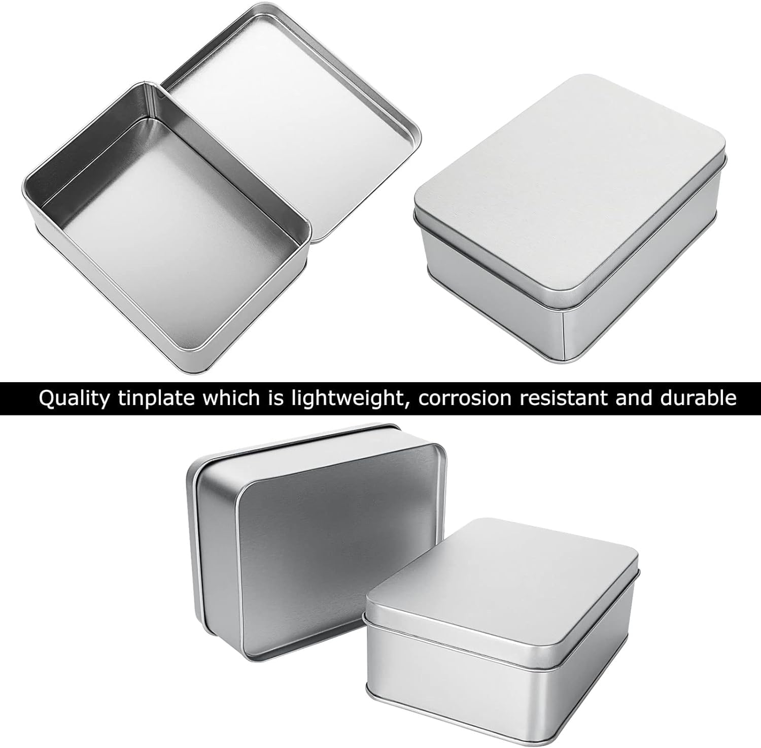 RHBLME 12 Pack Silver Metal Rectangular Tin Box Lids, 4.9" x 3.6" x 1.8" Large Containers Cookie Tins with Lids, Holder for Keeping Car Keys, Cookie, Pencil Case, and More