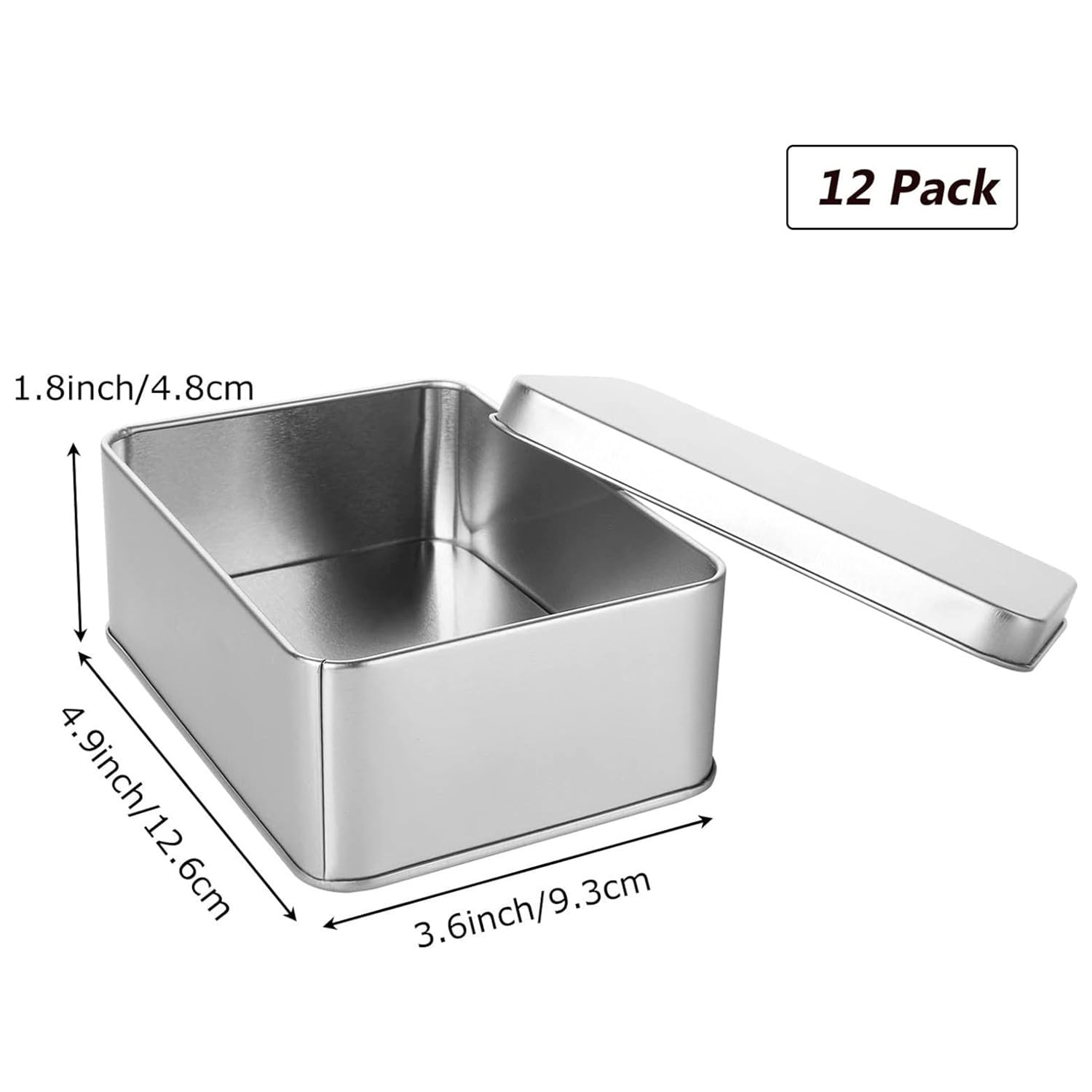 RHBLME 12 Pack Silver Metal Rectangular Tin Box Lids, 4.9" x 3.6" x 1.8" Large Containers Cookie Tins with Lids, Holder for Keeping Car Keys, Cookie, Pencil Case, and More