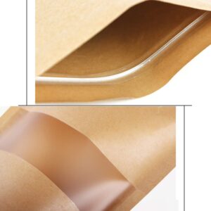 Kingrol 100 Count 7 x 10.25 Inch Kraft Paper Bags with Resealable Lock Seal Zipper &Transparent Window, Stand Up Food Bags