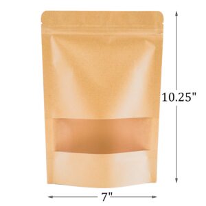 Kingrol 100 Count 7 x 10.25 Inch Kraft Paper Bags with Resealable Lock Seal Zipper &Transparent Window, Stand Up Food Bags