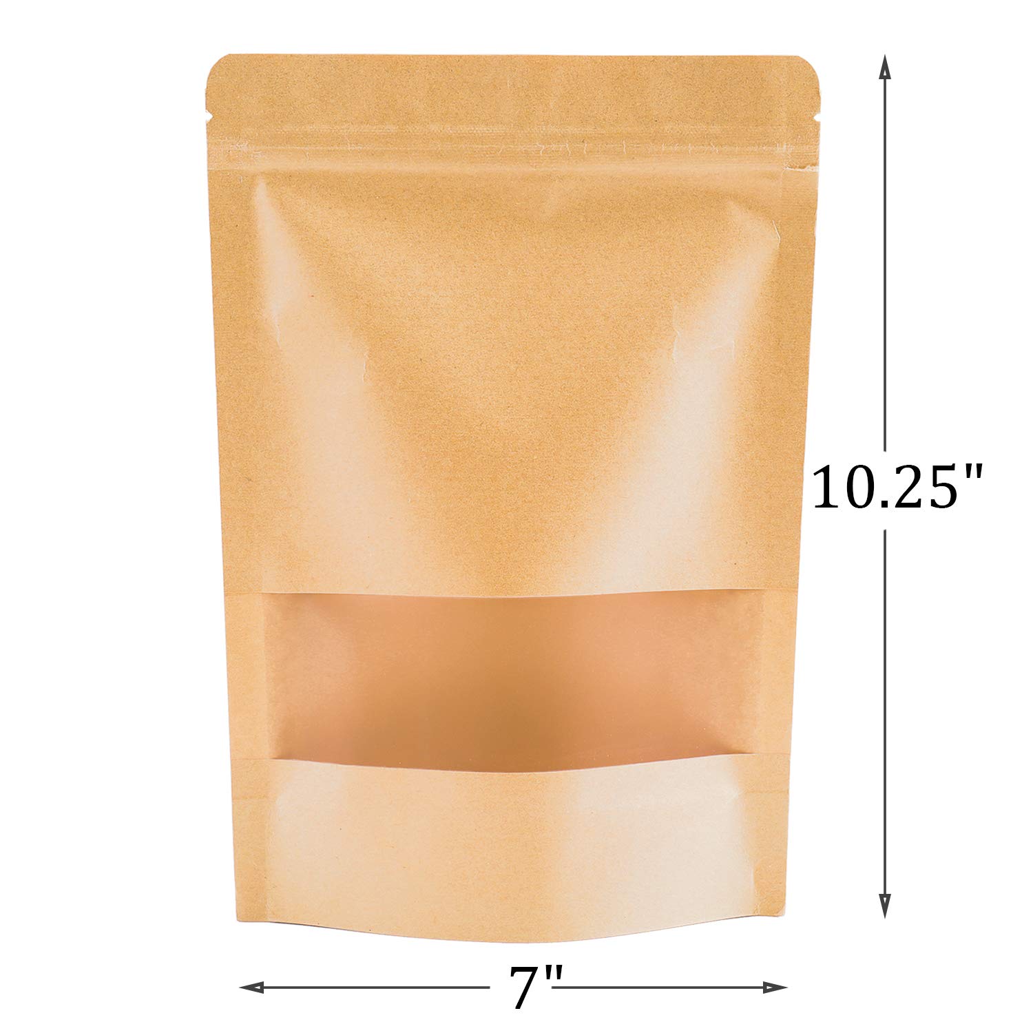 Kingrol 100 Count 7 x 10.25 Inch Kraft Paper Bags with Resealable Lock Seal Zipper &Transparent Window, Stand Up Food Bags