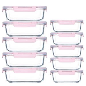yangnay 10 pack glass food storage containers with airtight lids, leak-proof meal prep containers with lids, dishwasher/microwave/oven/freezer safe (pink)
