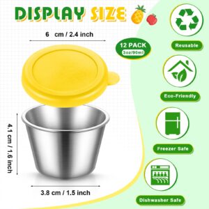 12 Pack 3 oz Small Condiment Containers with Lids, Salad Dressing Container to Go Stainless Steel Sauce Container with Silicone Lids, Rainbow Color Reusable Dipping Sauce Cups for Lunch Bento Box
