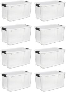 sterilite 19889804 70 quart/66 liter ultra latch box, clear with a white lid and black latches, 8-pack