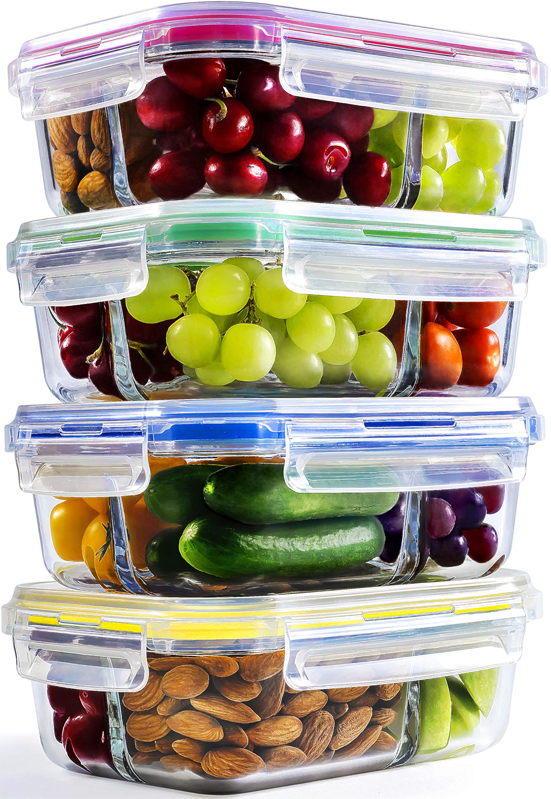 Glass Meal Prep Containers - 4-Pack 35 Oz. 3 Compartment Bento Box Lunch Containers | Bento Lunch Box Portion Control Containers | 3 Compartment Food Containers