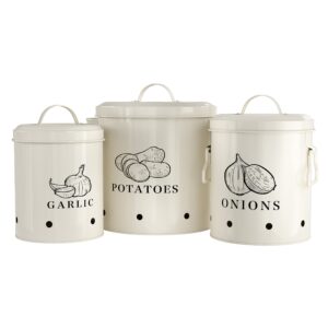 kook potato, onion & garlic kitchen storage canisters, rustic farmhouse containers with aerating holes, vintage vegetable tins, set of 3, 5 liter, 2 liter & 1 liter (coconut cream)