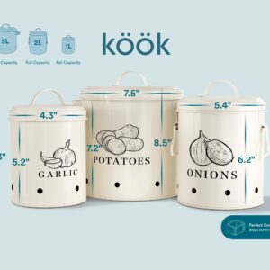 KooK Potato, Onion & Garlic Kitchen Storage Canisters, Rustic Farmhouse Containers with Aerating Holes, Vintage Vegetable Tins, Set of 3, 5 Liter, 2 Liter & 1 Liter (Coconut Cream)