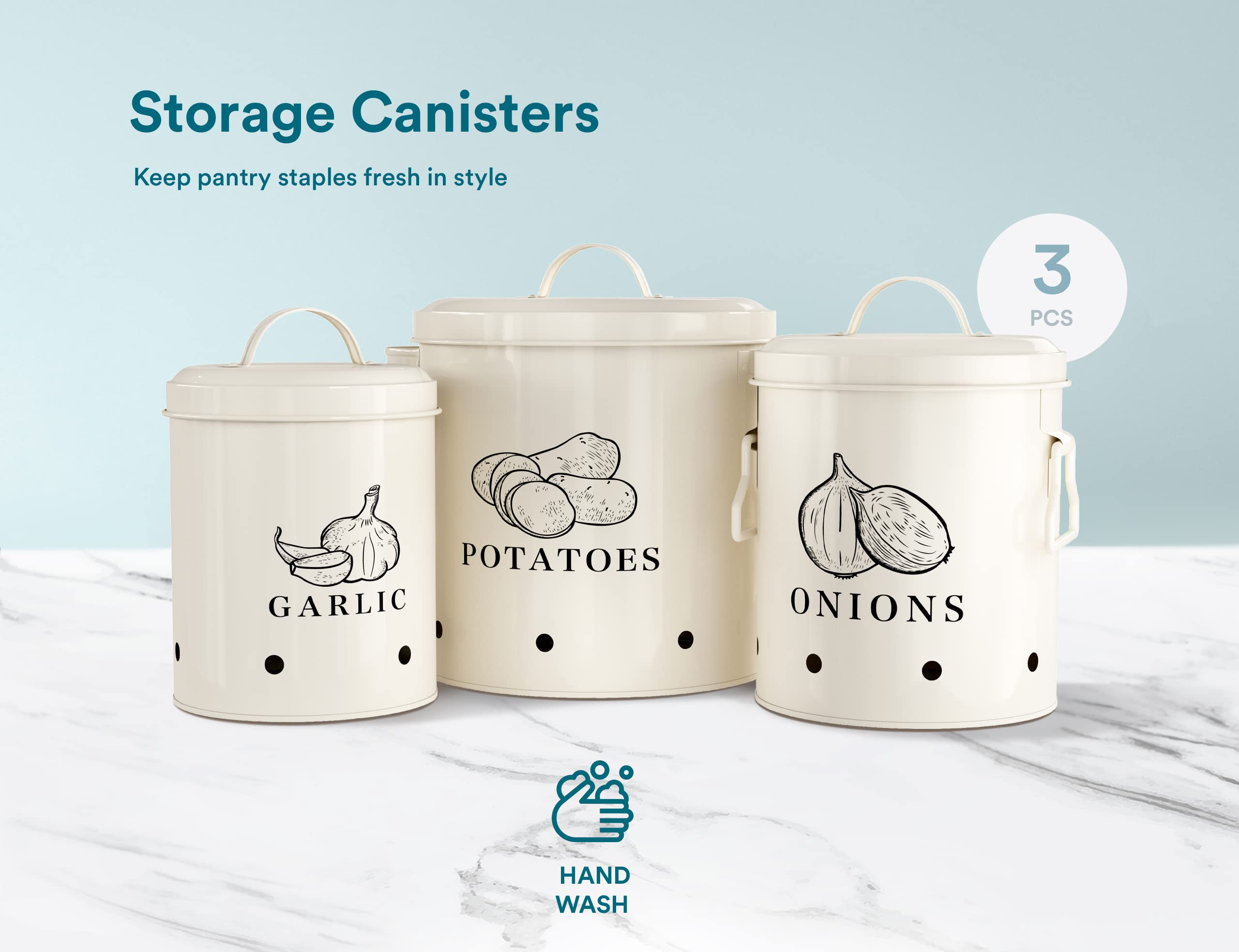 KooK Potato, Onion & Garlic Kitchen Storage Canisters, Rustic Farmhouse Containers with Aerating Holes, Vintage Vegetable Tins, Set of 3, 5 Liter, 2 Liter & 1 Liter (Coconut Cream)