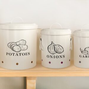 KooK Potato, Onion & Garlic Kitchen Storage Canisters, Rustic Farmhouse Containers with Aerating Holes, Vintage Vegetable Tins, Set of 3, 5 Liter, 2 Liter & 1 Liter (Coconut Cream)