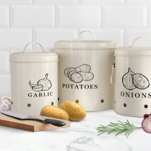 KooK Potato, Onion & Garlic Kitchen Storage Canisters, Rustic Farmhouse Containers with Aerating Holes, Vintage Vegetable Tins, Set of 3, 5 Liter, 2 Liter & 1 Liter (Coconut Cream)