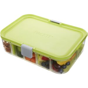 packit flex bento food storage container, lime punch, shatterproof crystal clear base, with leak-resistant lid, flexible dividers, microwavable, dishwasher safe, perfect for customizing lunch
