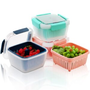 frcctre 3 pack 50oz berry keeper box container fruit storage containers for fridge, produce saver food storage containers with lid and and removable drain basket (1.5l - blue, pink, green)