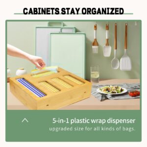 BIBOKLTIY Ziplock Bag Organizer 9 IN 1 Bamboo Plastic Wrap Dispenser with Cutter Foil and Baggie Organizer for Drawer, Zip Lock Bag Organizer and Storage for Gallon, Quart, Sandwich and Snack Bag