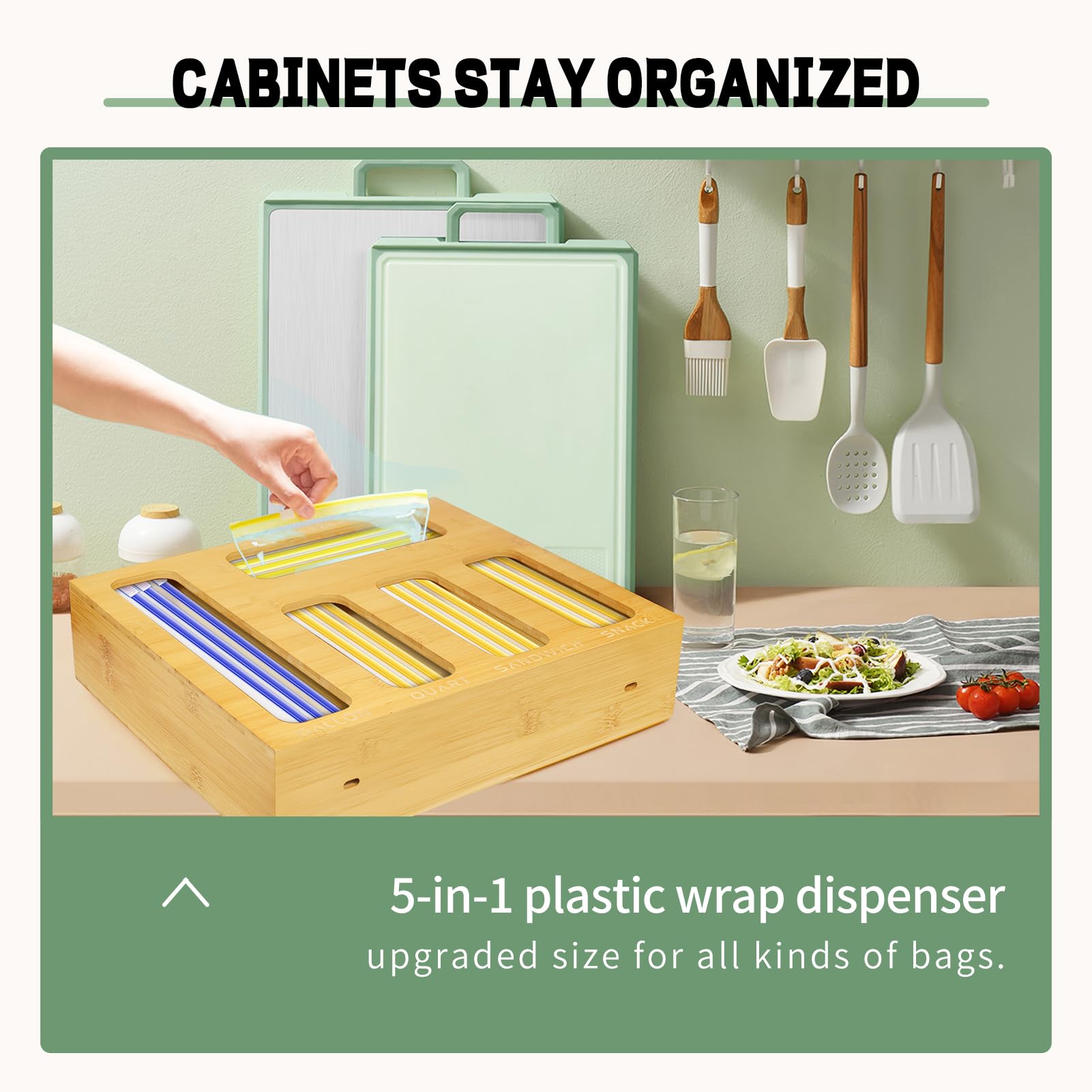 BIBOKLTIY Ziplock Bag Organizer 9 IN 1 Bamboo Plastic Wrap Dispenser with Cutter Foil and Baggie Organizer for Drawer, Zip Lock Bag Organizer and Storage for Gallon, Quart, Sandwich and Snack Bag