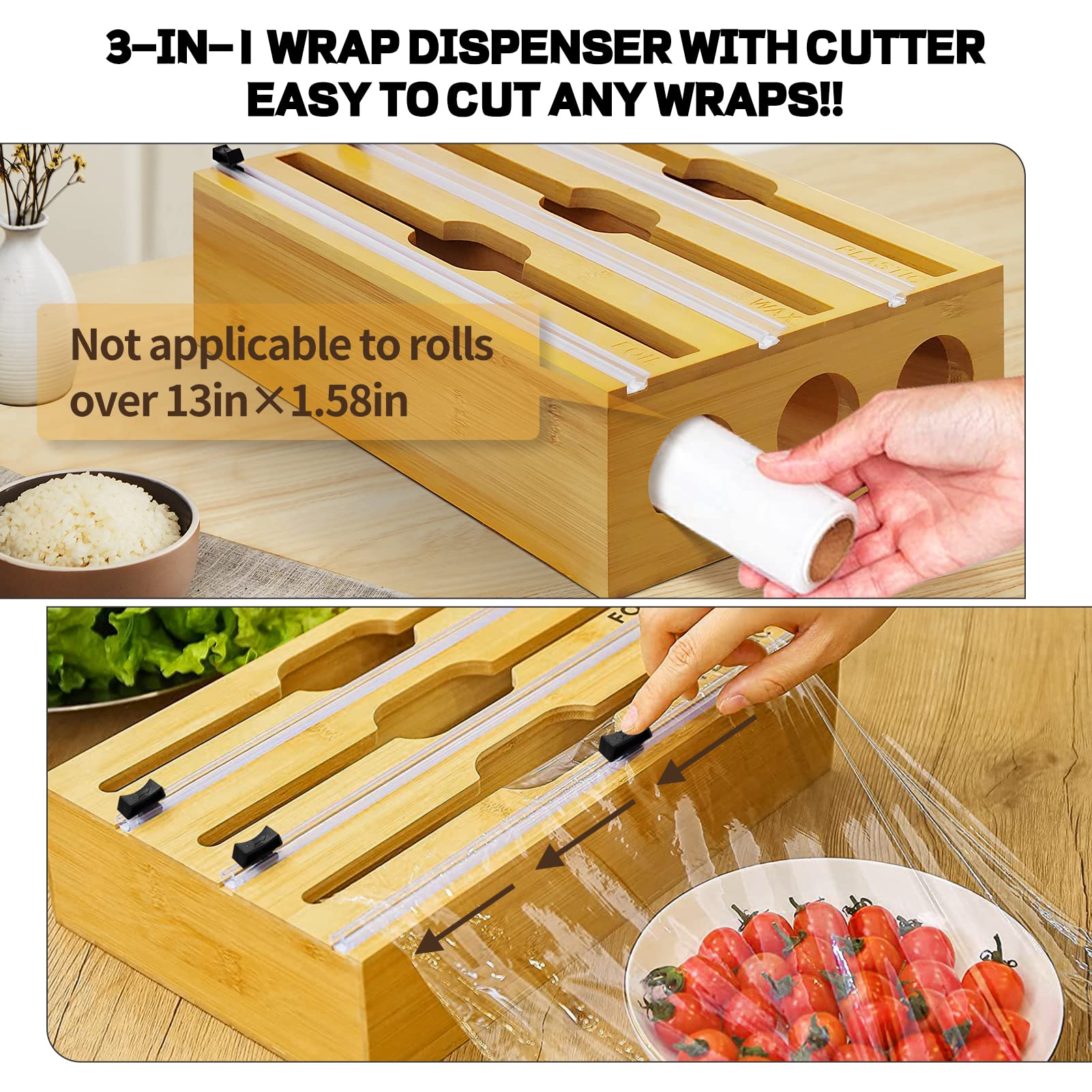 BIBOKLTIY Ziplock Bag Organizer 9 IN 1 Bamboo Plastic Wrap Dispenser with Cutter Foil and Baggie Organizer for Drawer, Zip Lock Bag Organizer and Storage for Gallon, Quart, Sandwich and Snack Bag