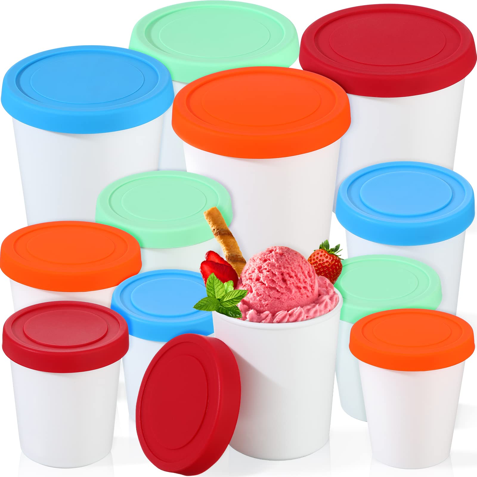 12 Pieces Ice Cream Containers Reusable Homemade Ice Cream Storage Containers with Silicone Lids 1 Quart 8.5 oz 6 oz Plastic Ice Cream Tub Assorted Freezer Storage Tubs for Yogurt Sorbet Gelato