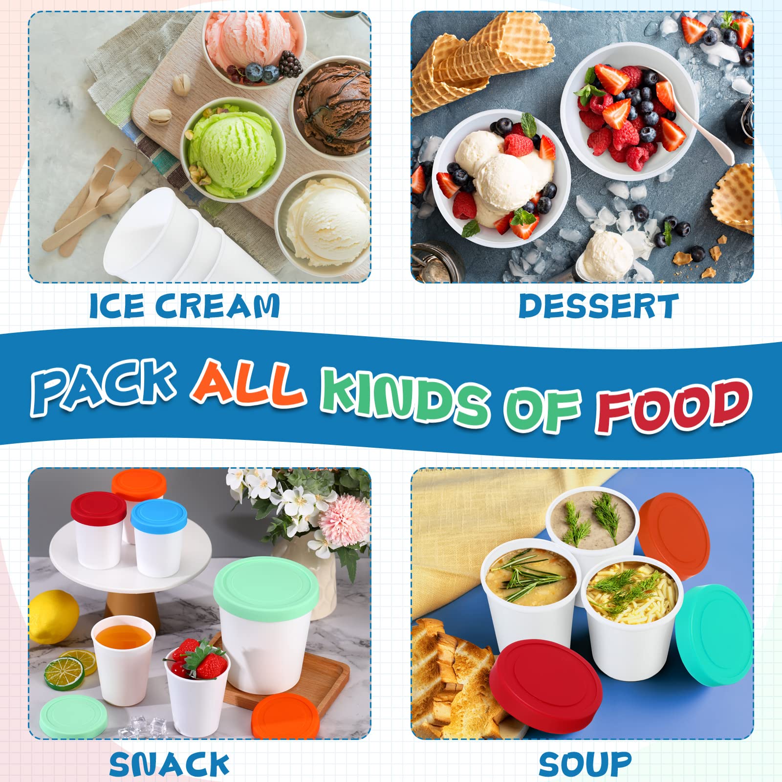 12 Pieces Ice Cream Containers Reusable Homemade Ice Cream Storage Containers with Silicone Lids 1 Quart 8.5 oz 6 oz Plastic Ice Cream Tub Assorted Freezer Storage Tubs for Yogurt Sorbet Gelato