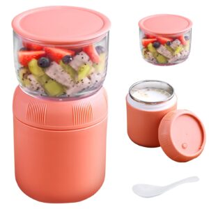 Yogurt Container with Lid and Spoon 2-Tier Cereal Cup,430 ml + 330 ml Cereal Cup Portable Leak-Proof Insulated Food Container Overnight Oats Containers Cereal Milk Cold Hot Food for Kids Adults