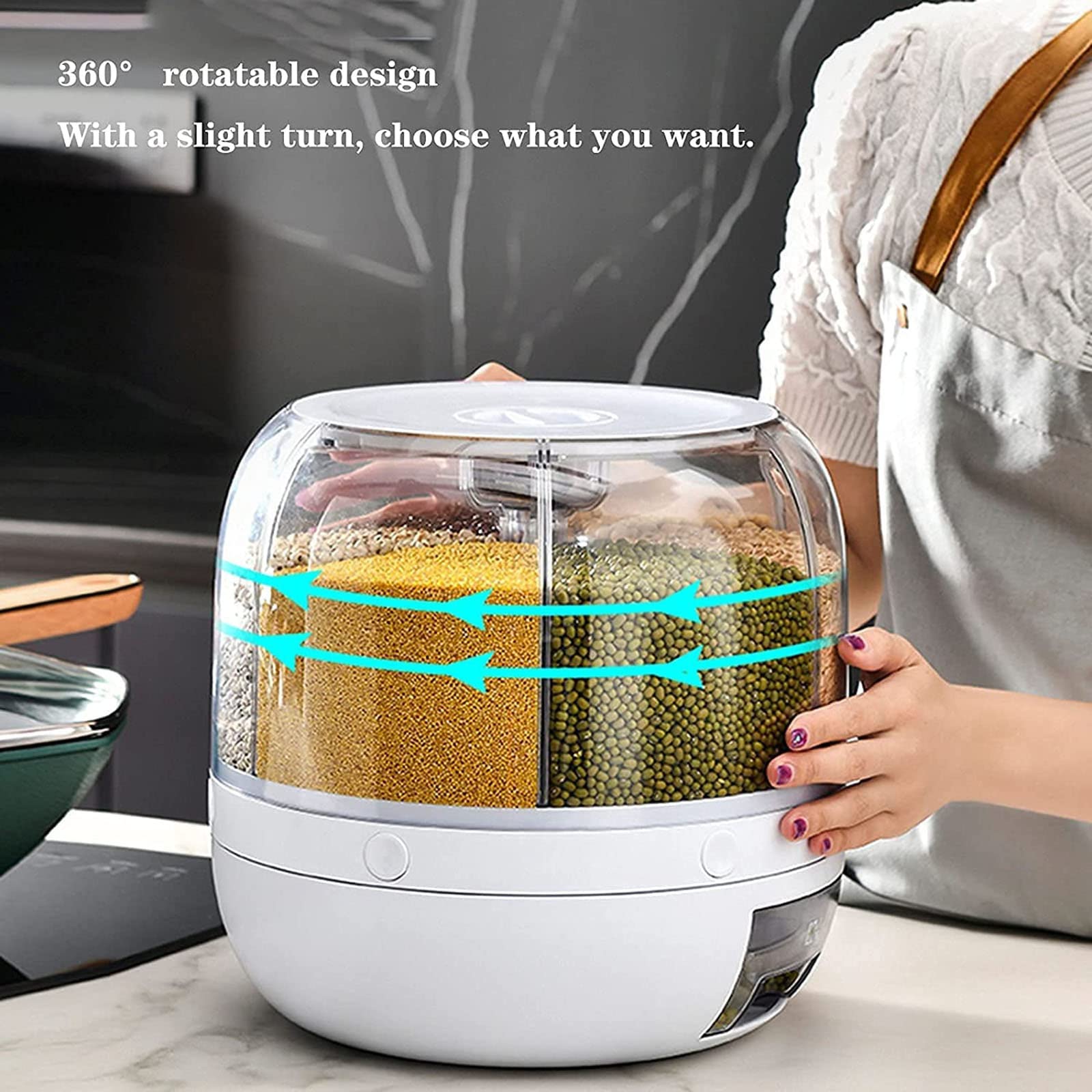 WJSP Cereal Dispenser Rice Bucket Dispenser 6 Grid 360° Rotating Rice Container Automatic Waterproof and Moisture-Proof Rice Storage Box for Kitchen, White