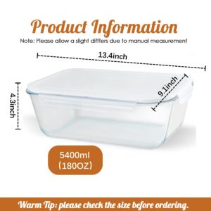 LIFESENCE 5400ml Extra-Large Glass Container with Lid Glass Food Box, 180OZ Rectangle Glass Casserole & Baking Dish withLocking Lid Serving Storing Food for Soups, Speaghetti and Meatballs