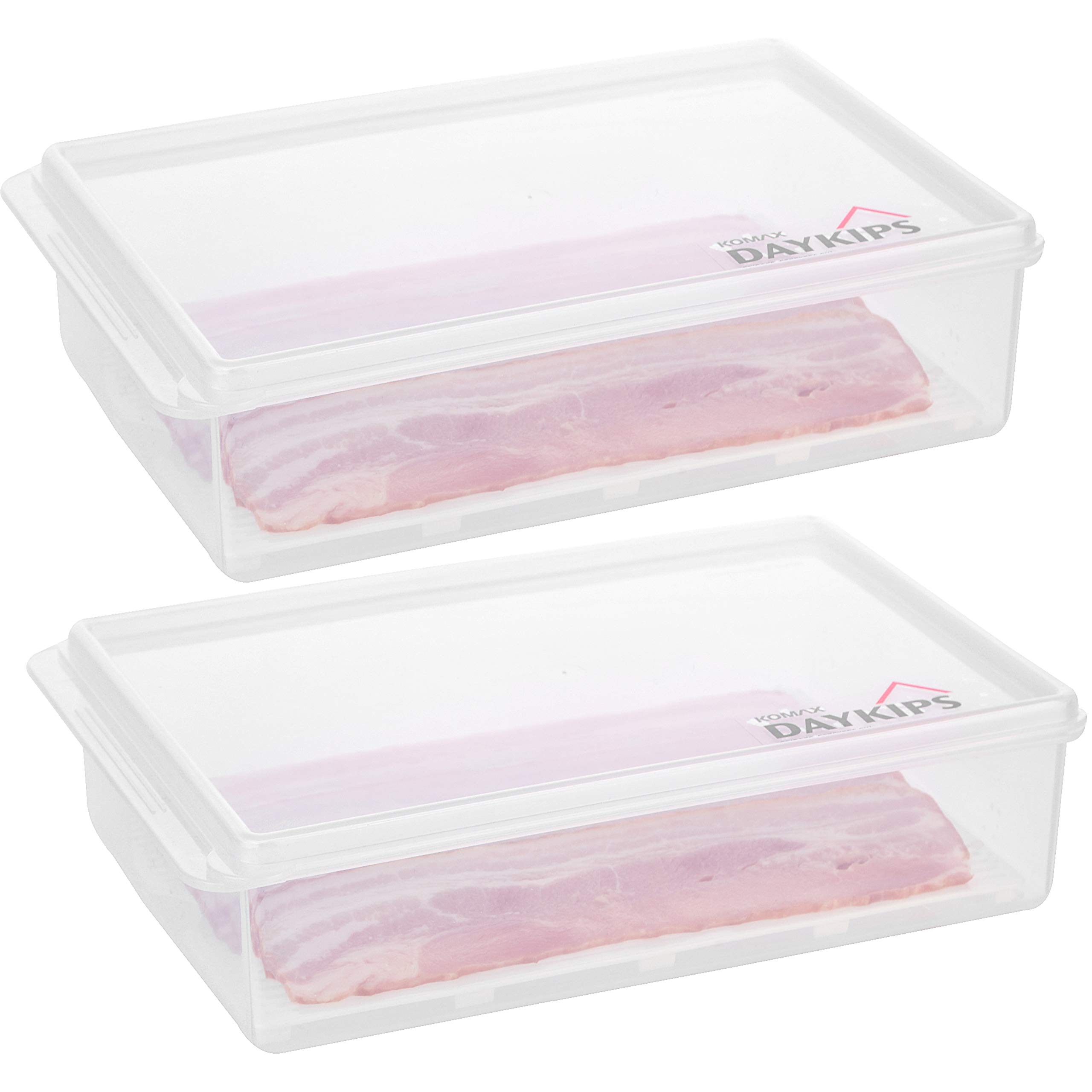 Komax Daykips Bacon Container for Refrigerator – BPA-Free Refrigerator & Freezer Containers for Food – Bacon Keeper for Refrigerator w/Dripping Tray for Bacon, Deli Meat & Cheese Storage (Set of 2)