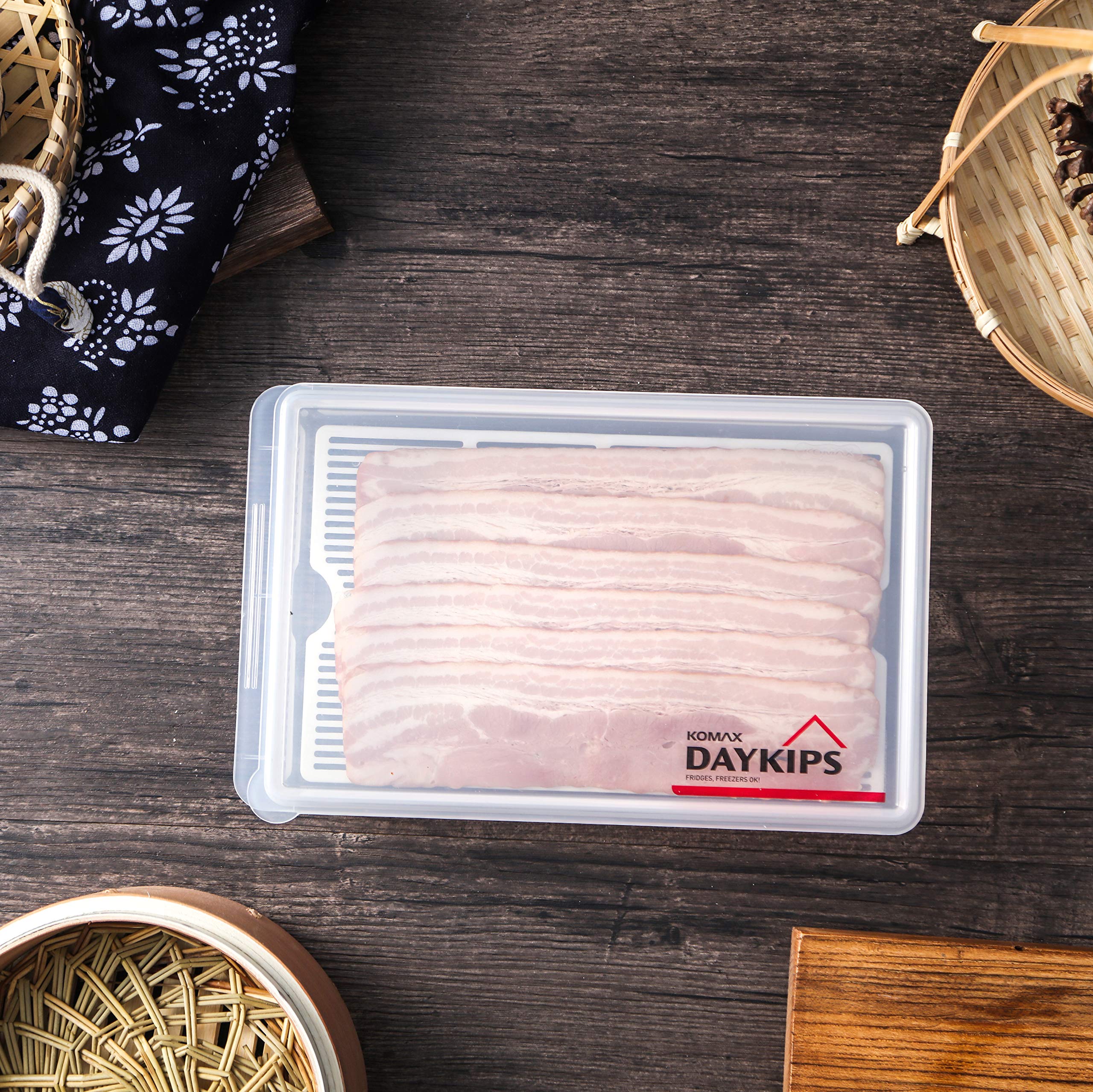 Komax Daykips Bacon Container for Refrigerator – BPA-Free Refrigerator & Freezer Containers for Food – Bacon Keeper for Refrigerator w/Dripping Tray for Bacon, Deli Meat & Cheese Storage (Set of 2)