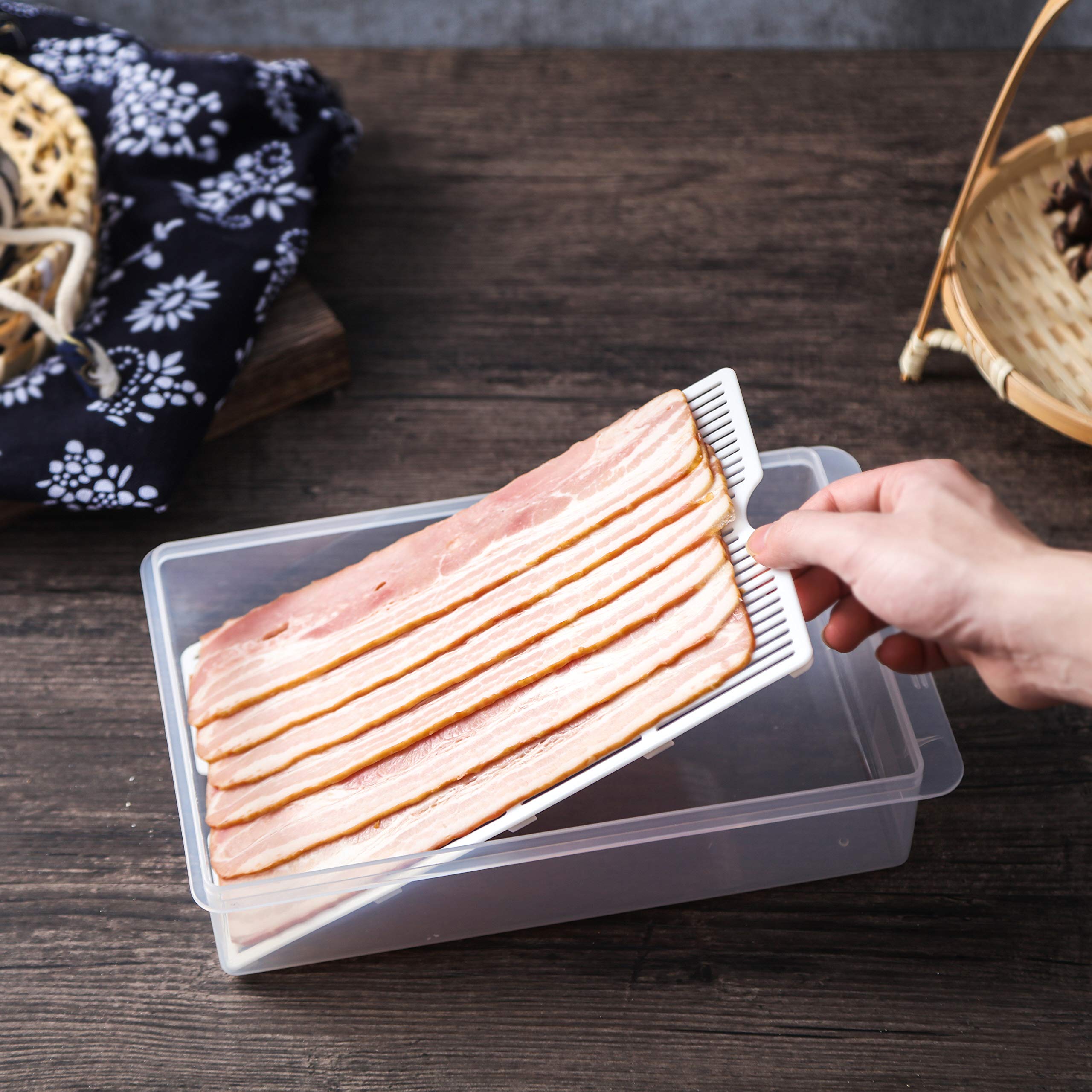 Komax Daykips Bacon Container for Refrigerator – BPA-Free Refrigerator & Freezer Containers for Food – Bacon Keeper for Refrigerator w/Dripping Tray for Bacon, Deli Meat & Cheese Storage (Set of 2)