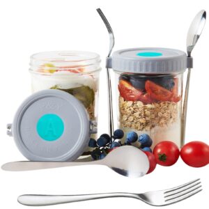 p&y overnight oats containers with lids, 12 oz glass with spoons and forks, oatmeal container with letter silicone label for yogurt fruit vegetable salad(gray j with forks 2pack)