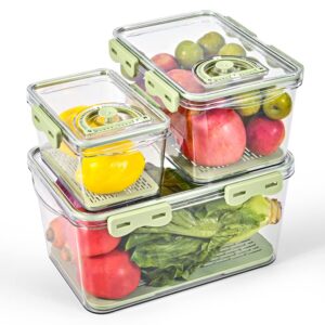 fruit storage containers for fridge 3 pack vegetable produce saver container refrigerator with lid & removable tray air vents, time remember, bpa-free kitchen organizer bins lettuce salad berry keeper