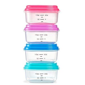 fit & fresh small plastic containers with lids 8 oz, small snack containers with lids for adults and kids, reusable leakproof dressing and condiment containers with multicolor lids