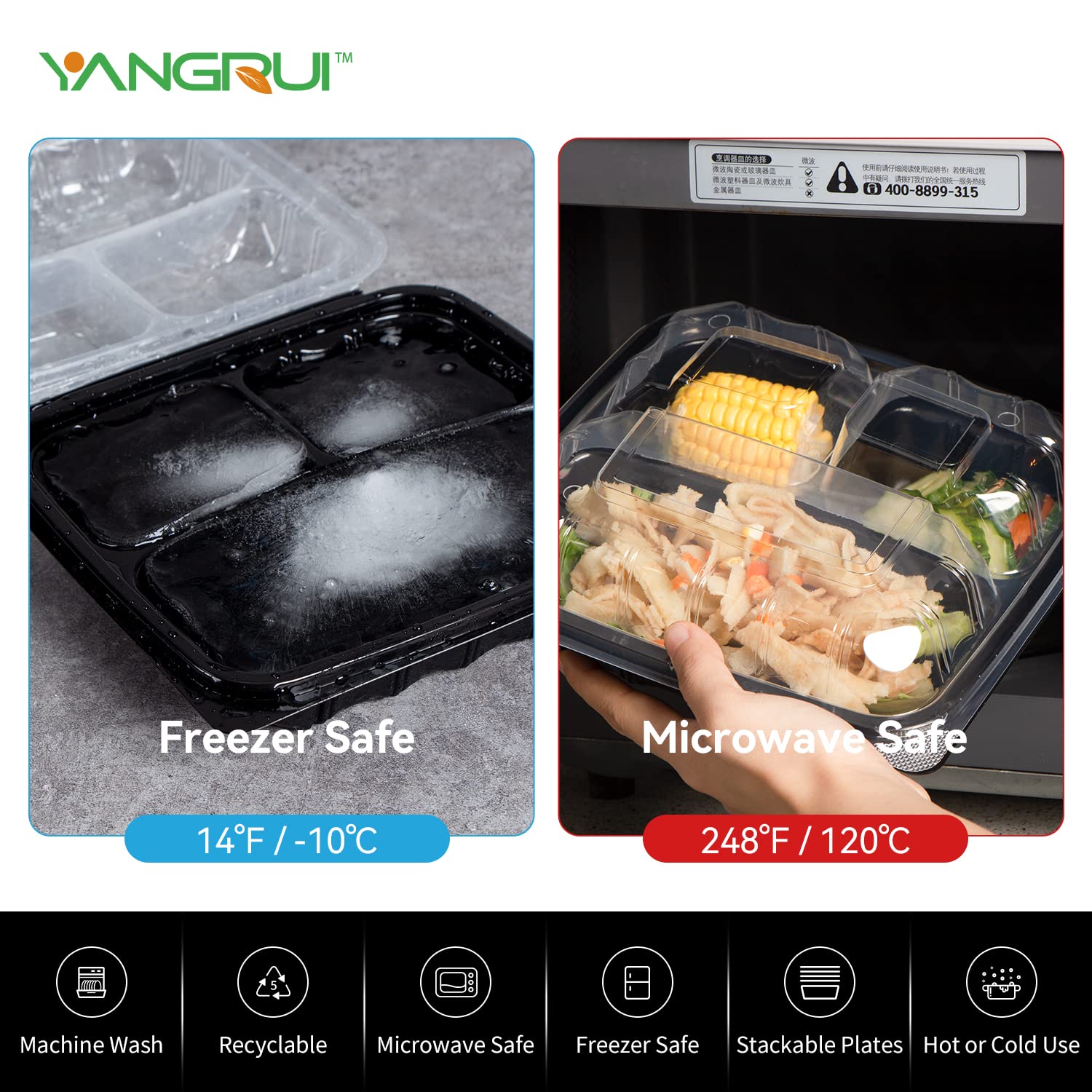 YANGRUI Clamshell Food Containers, Large Capacity 45 Pack 9.5 Inch 38 oz Anti-Fog Leak Proof Shrink Wrap 3 Compartment To Go Containers BPA Free Microwave Freezer Safe Plastic Meal Prep Container