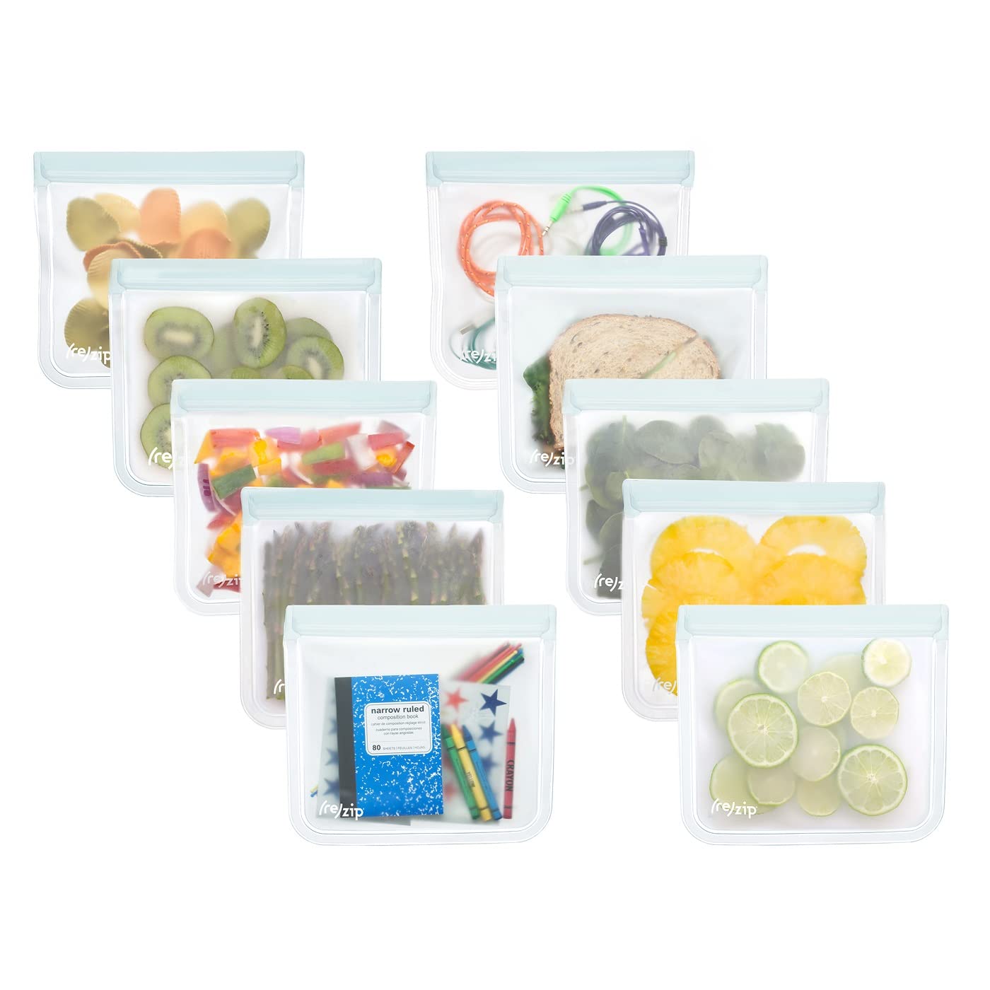 rezip 10-Pack Flat Reusable Lunch Bags | BPA-Free, Food Grade, Leakproof, Freezer and Dishwasher Safe | 10 Sandwich/Lunch Bags (3.5 Cup / 28-Ounce) | Clear