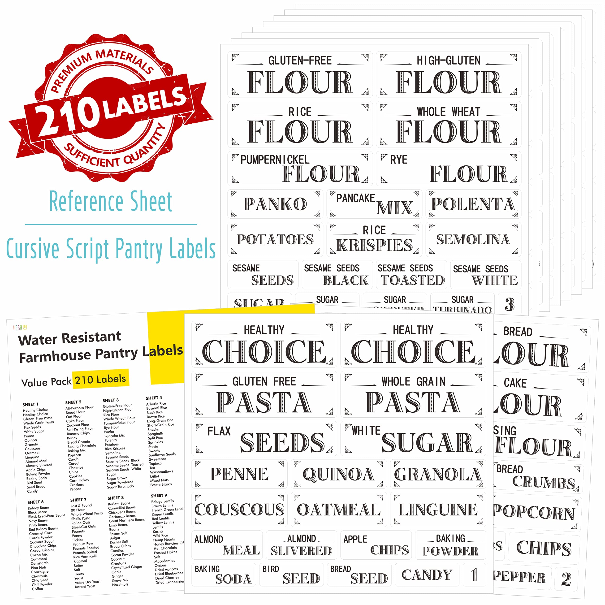 210 Pantry Labels Set for Kitchen Restaurant Storage Organization Water Resistant, 7 Sizes for Food Containers Label Sticker, Jars for Flour, Sugar, Coffee