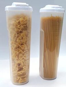 regent 2 pack of tall clear spaghetti pasta storage container with lids that measure. multiple uses for dry goods, art supplies, toys. 11.6in tall x 3.8in diameter. dishwasher safe.