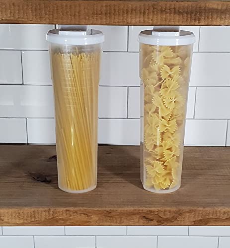 Regent 2 Pack of Tall Clear Spaghetti Pasta Storage Container with Lids that Measure. Multiple Uses for Dry Goods, Art Supplies, Toys. 11.6in Tall x 3.8in Diameter. Dishwasher Safe.