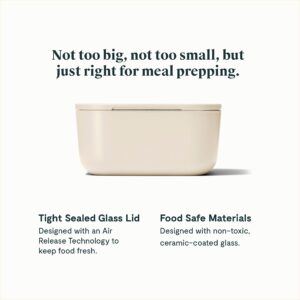 Caraway Glass Food Storage, 6.6 Cup Glass Container,Ceramic Coated Food Container,Easy to Store, Non Toxic, Non Stick Lunch Box Container with Glass Lids. Dishwasher, Oven,Square Shape,Cream