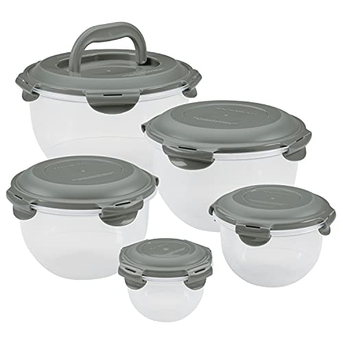 Rachael Ray Leak-Proof Nestable Container Food Storage Bin Set, 10-Piece, Clear with Gray Lids