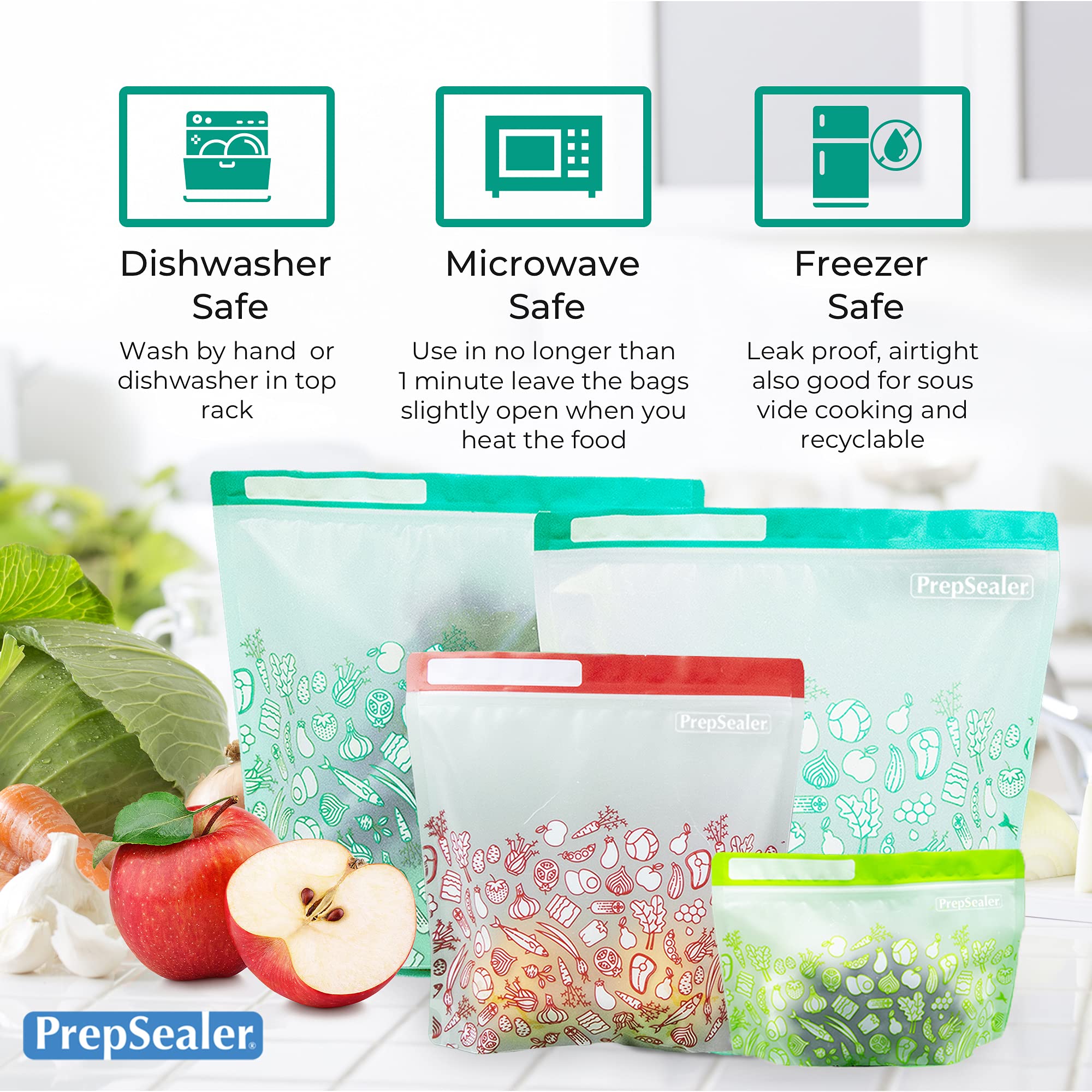 PrepSealer Keep Food Fresh Longer Food Saving Reusable Bag (10 Pieces Variety (3 S, 3 M, 4 L))