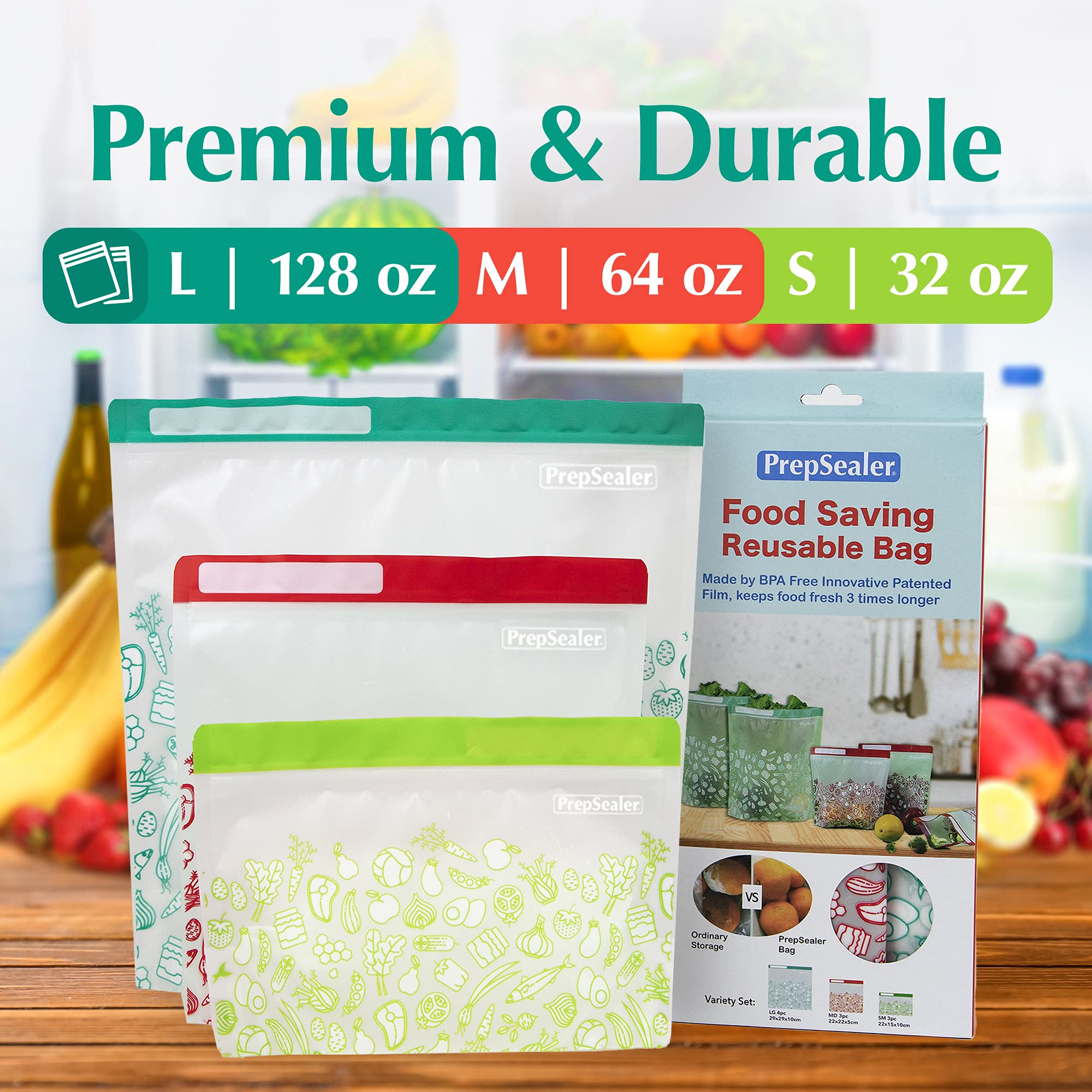 PrepSealer Keep Food Fresh Longer Food Saving Reusable Bag (10 Pieces Variety (3 S, 3 M, 4 L))