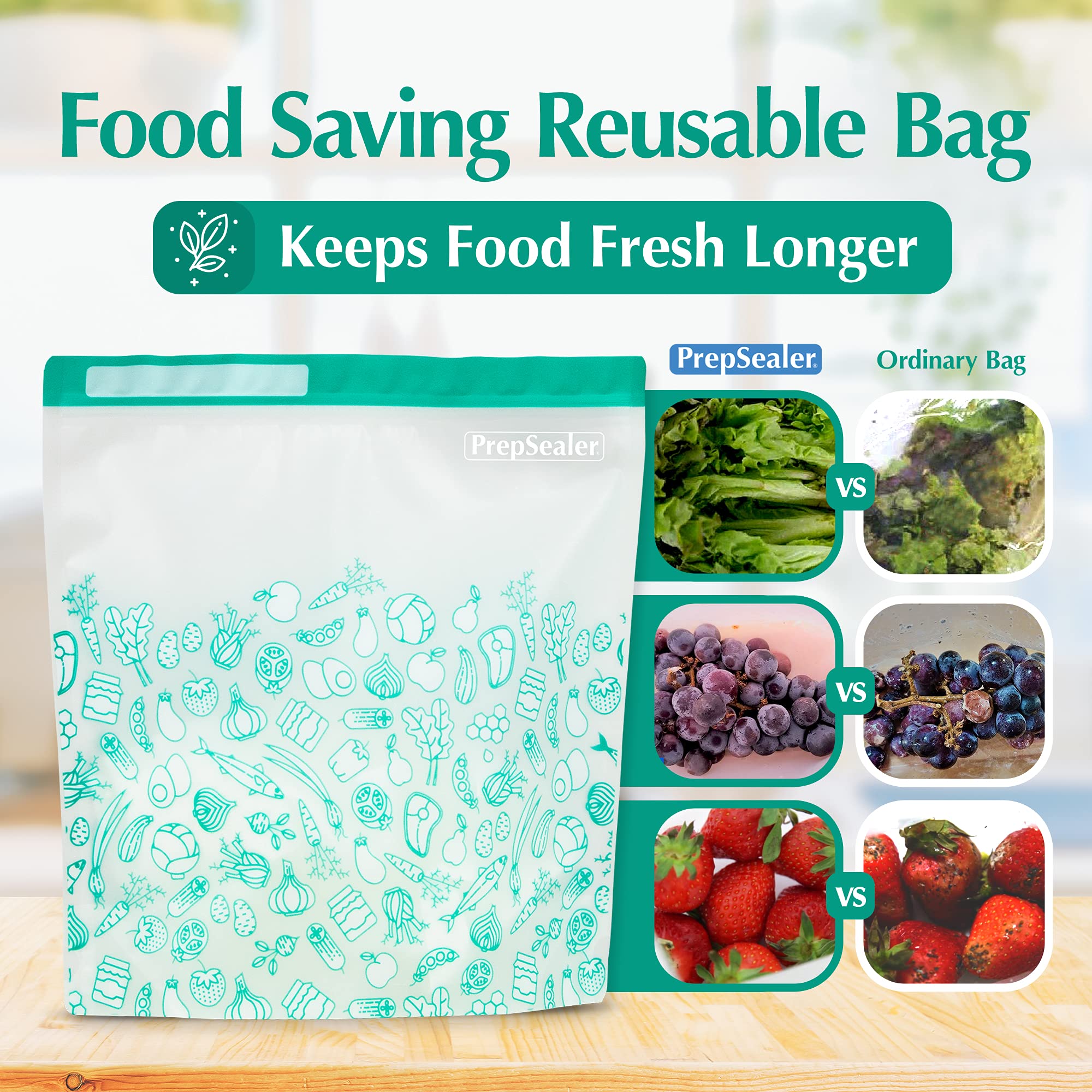 PrepSealer Keep Food Fresh Longer Food Saving Reusable Bag (10 Pieces Variety (3 S, 3 M, 4 L))