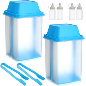 2 Pcs Pickle Storage Container with Strainer Flip Jalapeno Holder Plastic Pickle Jar, 2 Pcs Pickled Tongs and 4 Pcs Sauce Bottles for Food Kitchen Supplies (Blue)