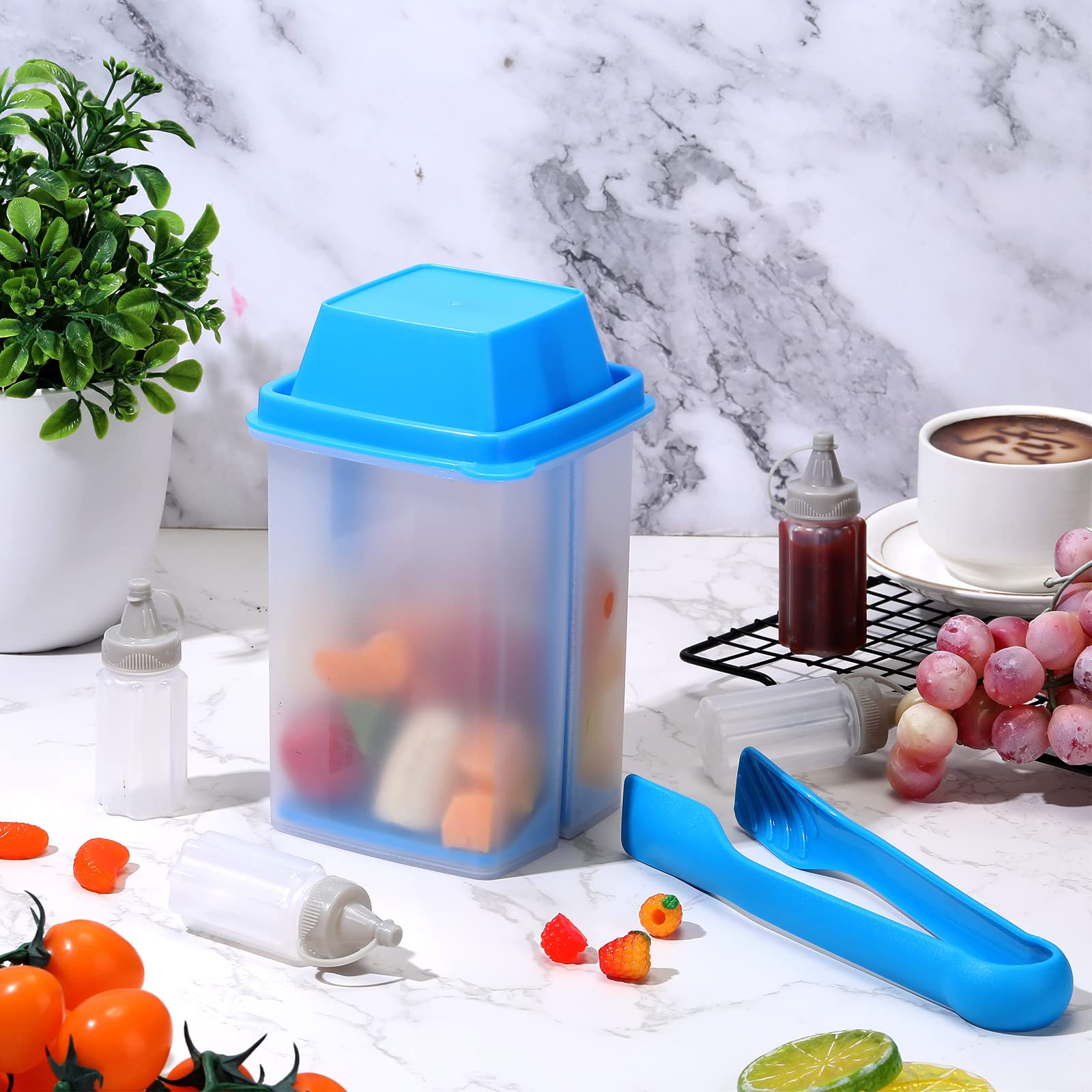 2 Pcs Pickle Storage Container with Strainer Flip Jalapeno Holder Plastic Pickle Jar, 2 Pcs Pickled Tongs and 4 Pcs Sauce Bottles for Food Kitchen Supplies (Blue)